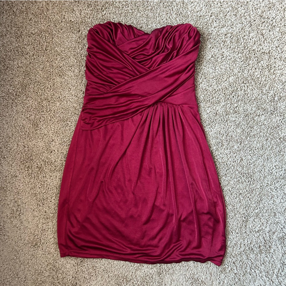 Express W Silky Elegant Cinched Strapless Burgundy Mini Dress Size XS |E52